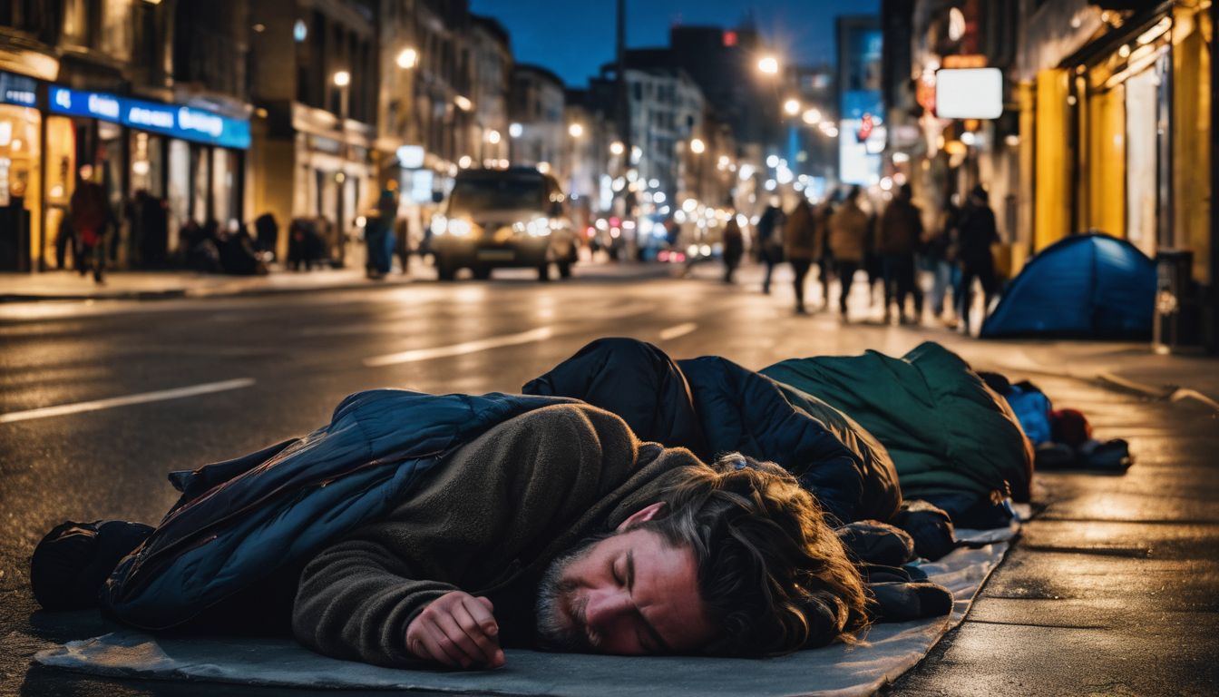 A group of homeless individuals sleeping on the streets at night in a bustling cityscape.