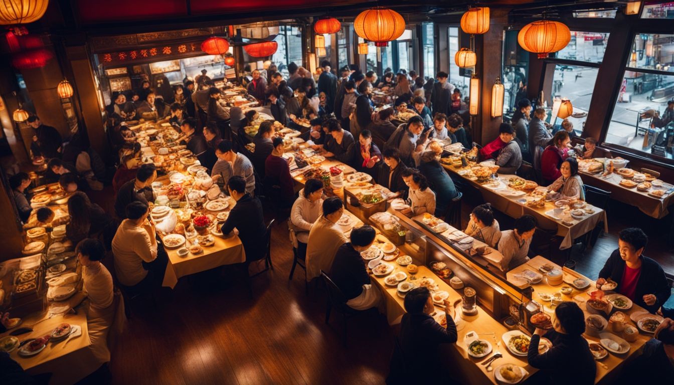 A busy dim sum restaurant with a variety of colorful dishes and a diverse crowd.