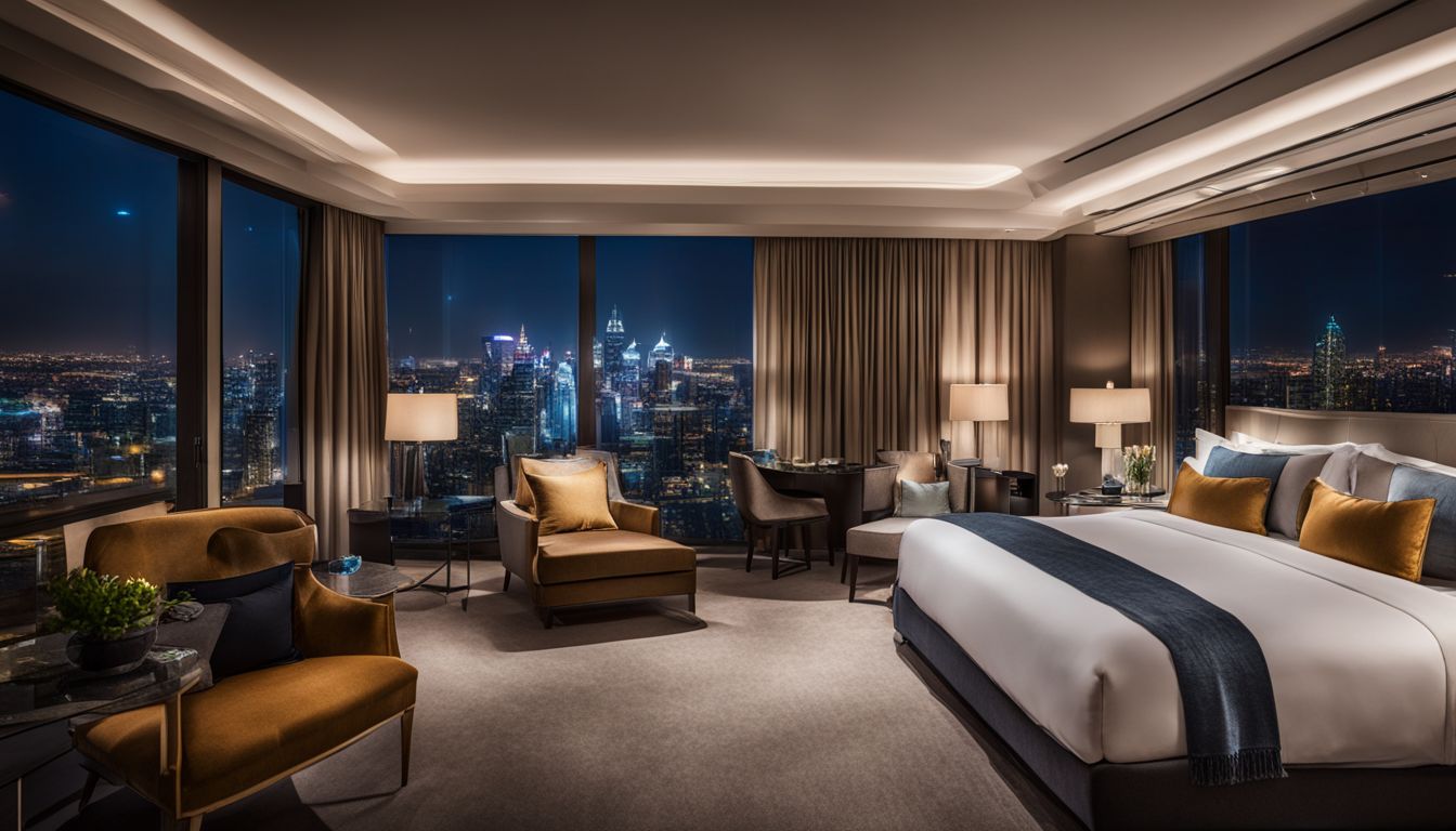 A stunning hotel room overlooks a city skyline at night, capturing the bustling atmosphere and beautiful cityscape.