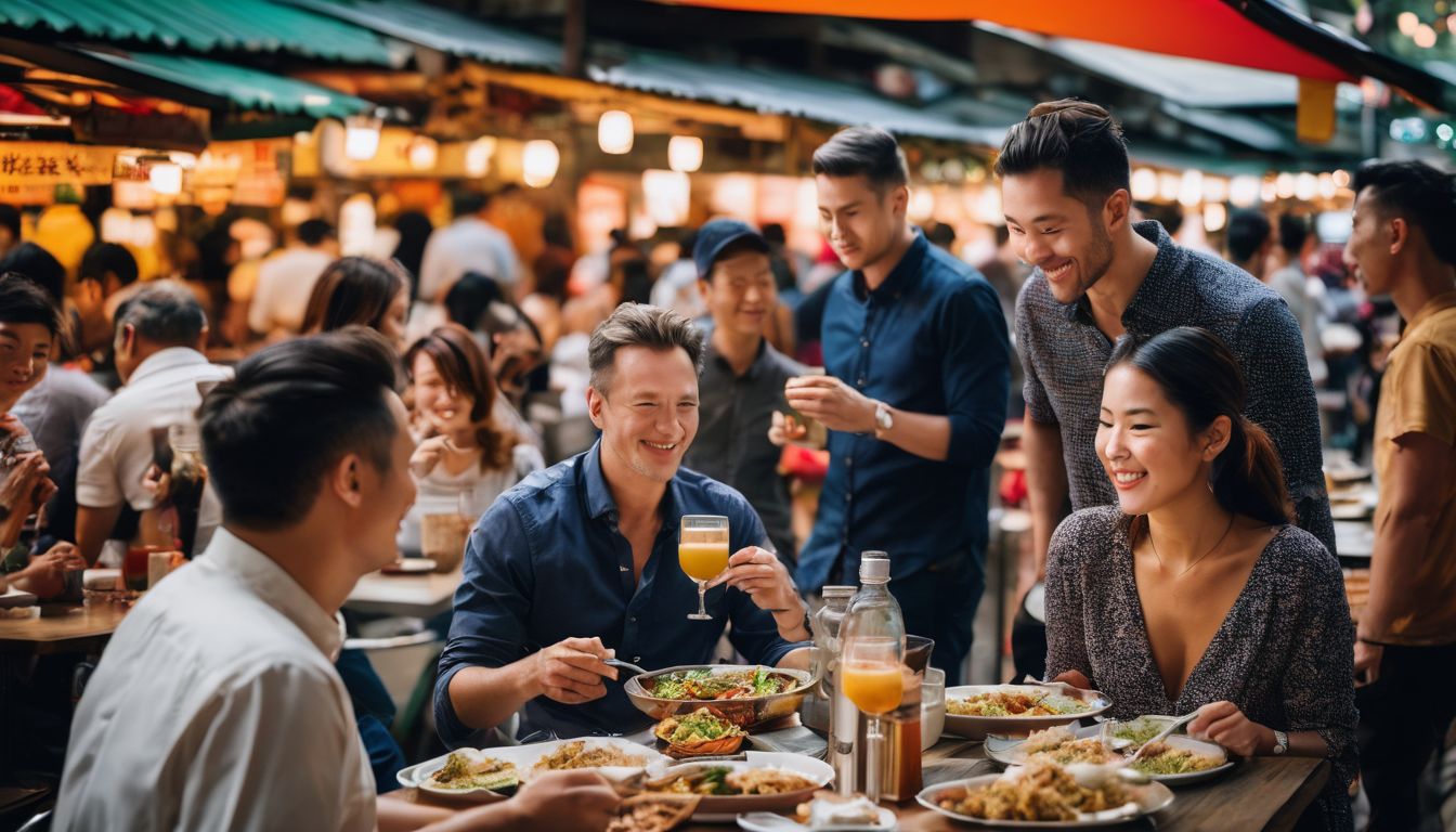 A diverse group of people enjoying a multicultural feast in a bustling hawker center.