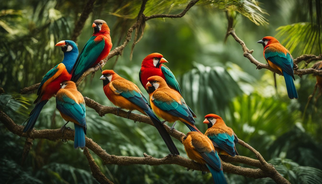 A stunning photo of a flock of colorful birds perched on branches in a lush tropical rainforest.