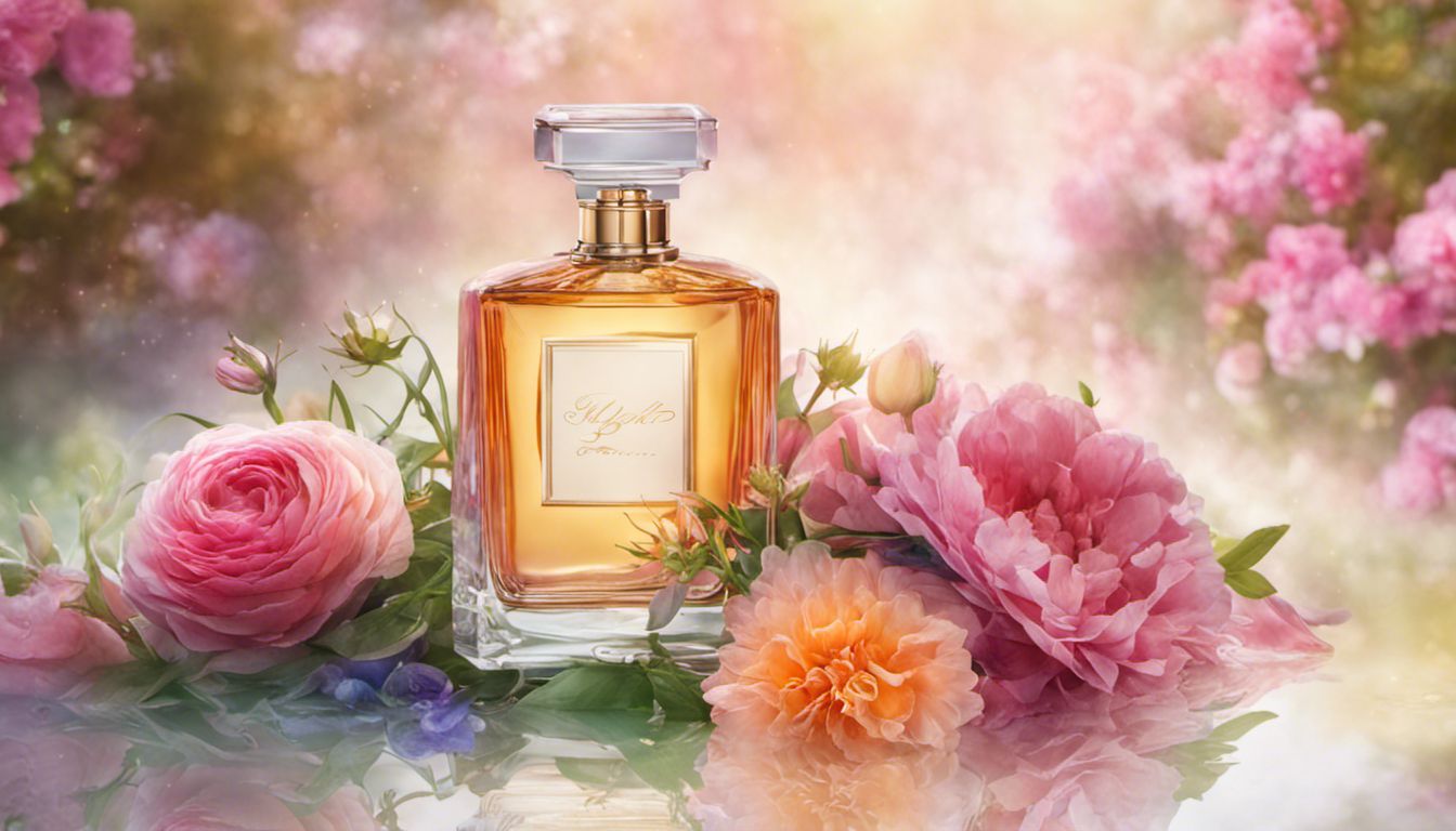 A beautiful perfume bottle surrounded by blooming flowers in a curated garden.