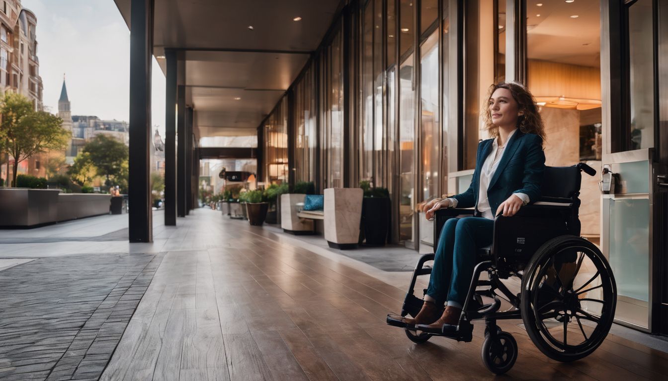 A person in a wheelchair accessing a hotel ramp in a bustling cityscape.