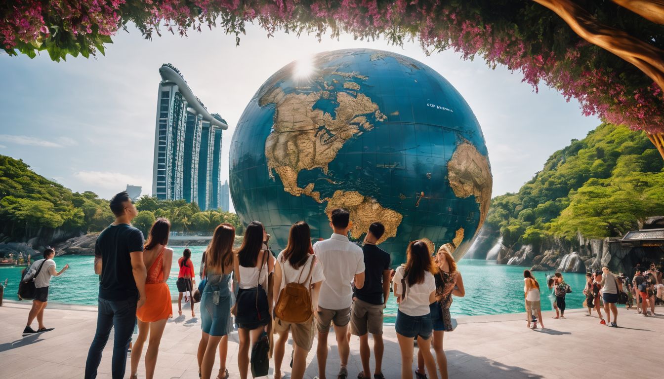 A diverse group of friends enjoy a day at Sentosa Island, with Universal Studios' iconic globe in the background.