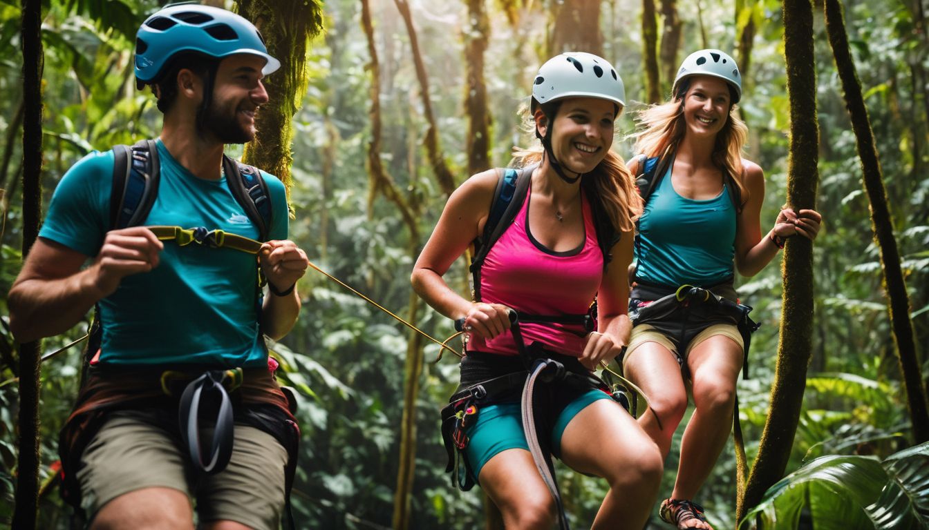 A diverse group of friends zip-lining through a tropical rainforest in a lively and vibrant setting.