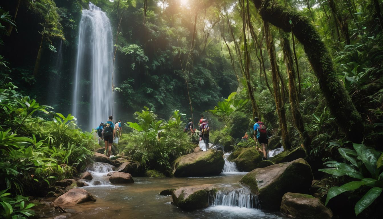 A diverse group of people hike through a lush rainforest in Singapore, surrounded by vibrant greenery and waterfalls.