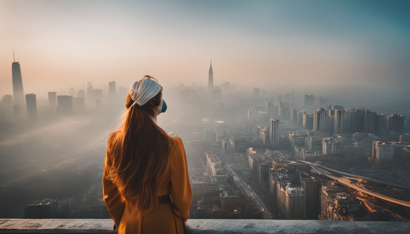 A woman wearing a protective mask stands amidst a smog-filled cityscape.