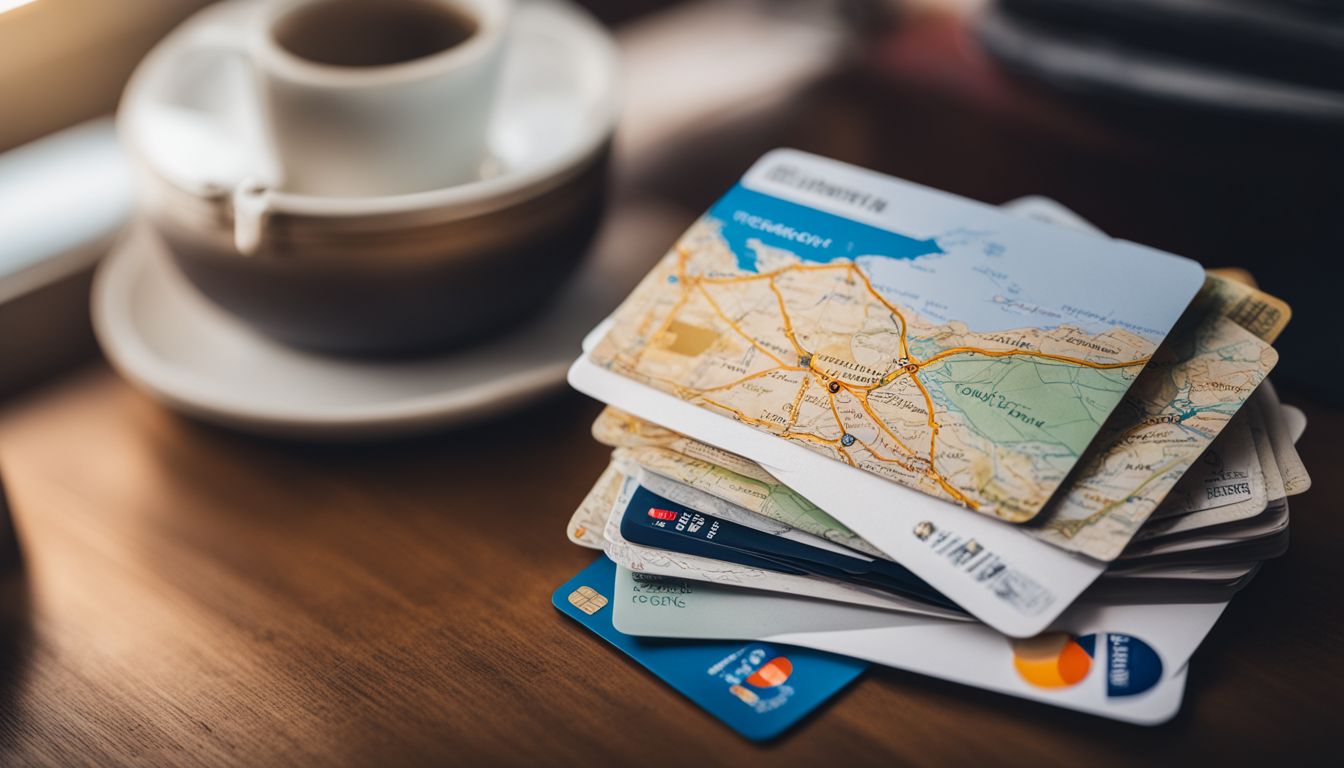 A collection of airline and hotel reward cards, a map, and a passport, representing travel and adventure.