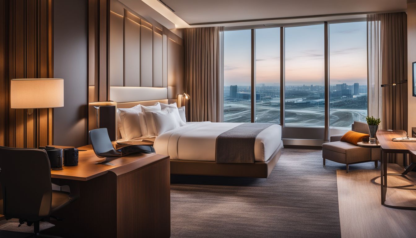 A photo of a modern hotel room with a bed, desk, and airport view.
