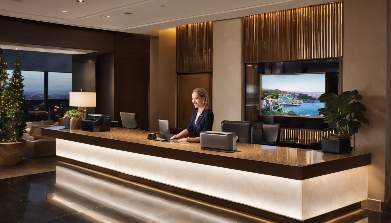 A hotel receptionist warmly welcomes guests in a modern lobby with a bustling atmosphere.