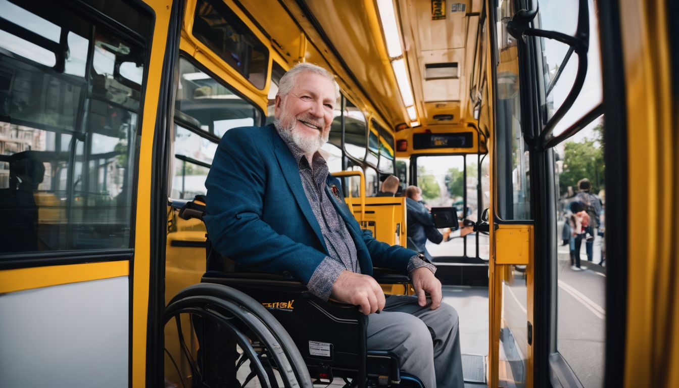 A person in a wheelchair boards a bus with a friendly bus driver.