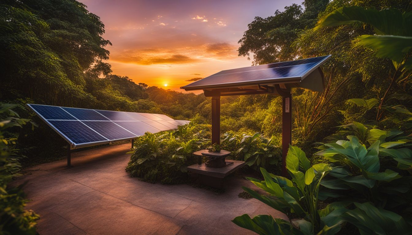 A tropical sunset illuminates a solar-powered charging station surrounded by lush greenery.