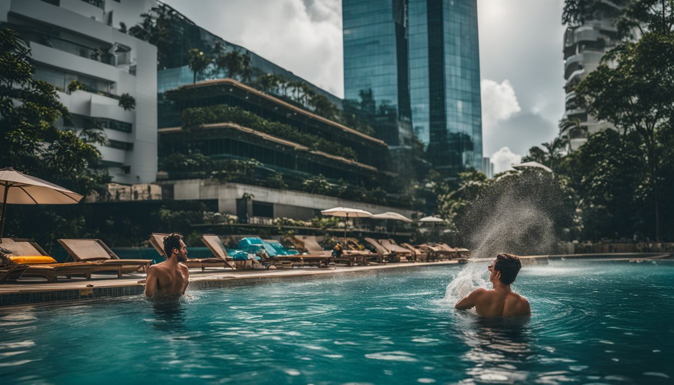 Two individuals enjoy a swim in an outdoor pool at a downtown Singapore hotel.
