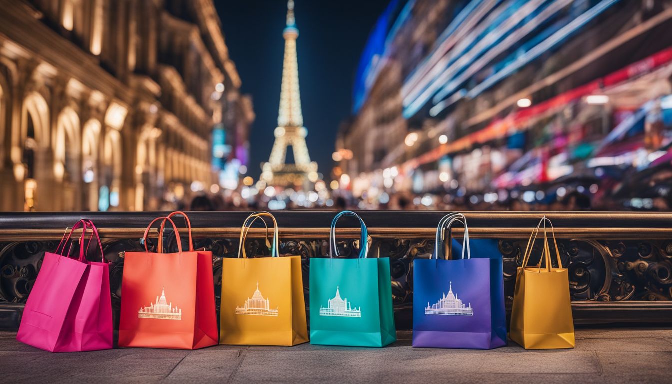 A vibrant scene of people with colorful shopping bags surrounded by iconic landmarks from different countries.