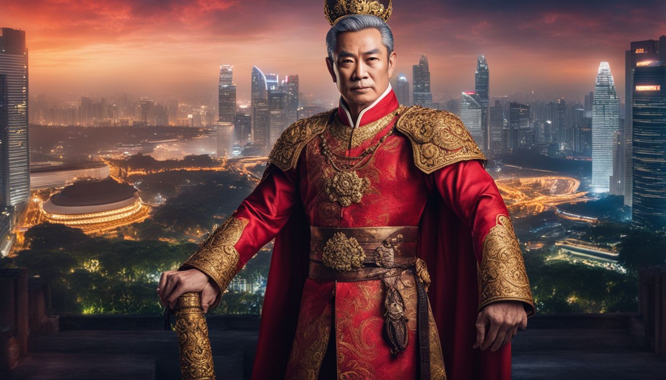 The photo depicts an ancient Singaporean king in a vibrant cityscape, showcasing different faces, hairstyles, and outfits.