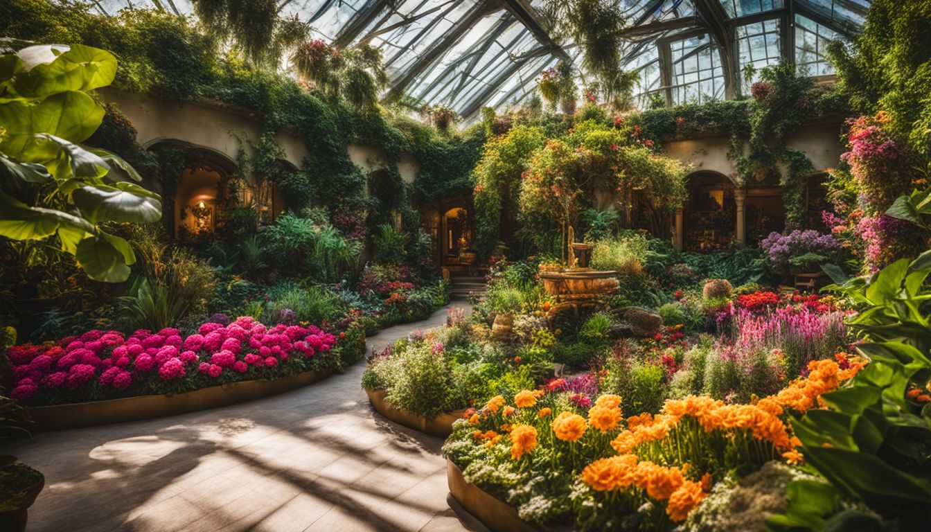 A vibrant indoor garden with colorful flowers and lush greenery, featuring a variety of people in different outfits.