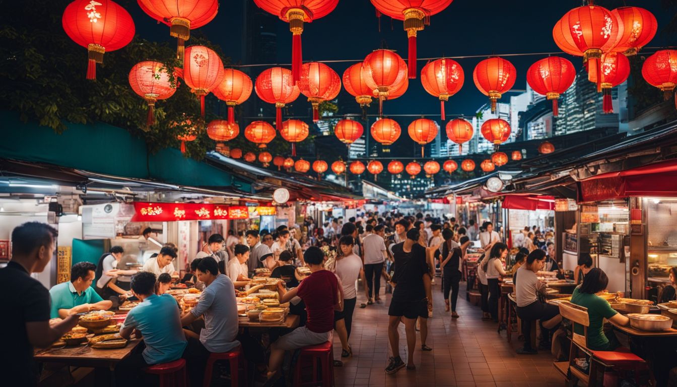 A vibrant hawker center in Singapore's Chinatown with a diverse selection of delicious Chinese food.