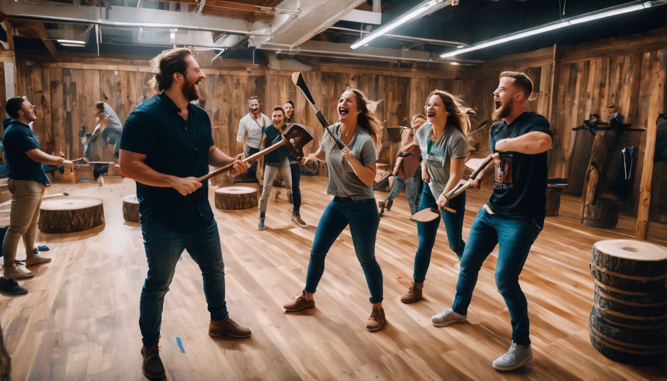 A group of friends enjoy a lively atmosphere as they laugh and throw axes at targets.