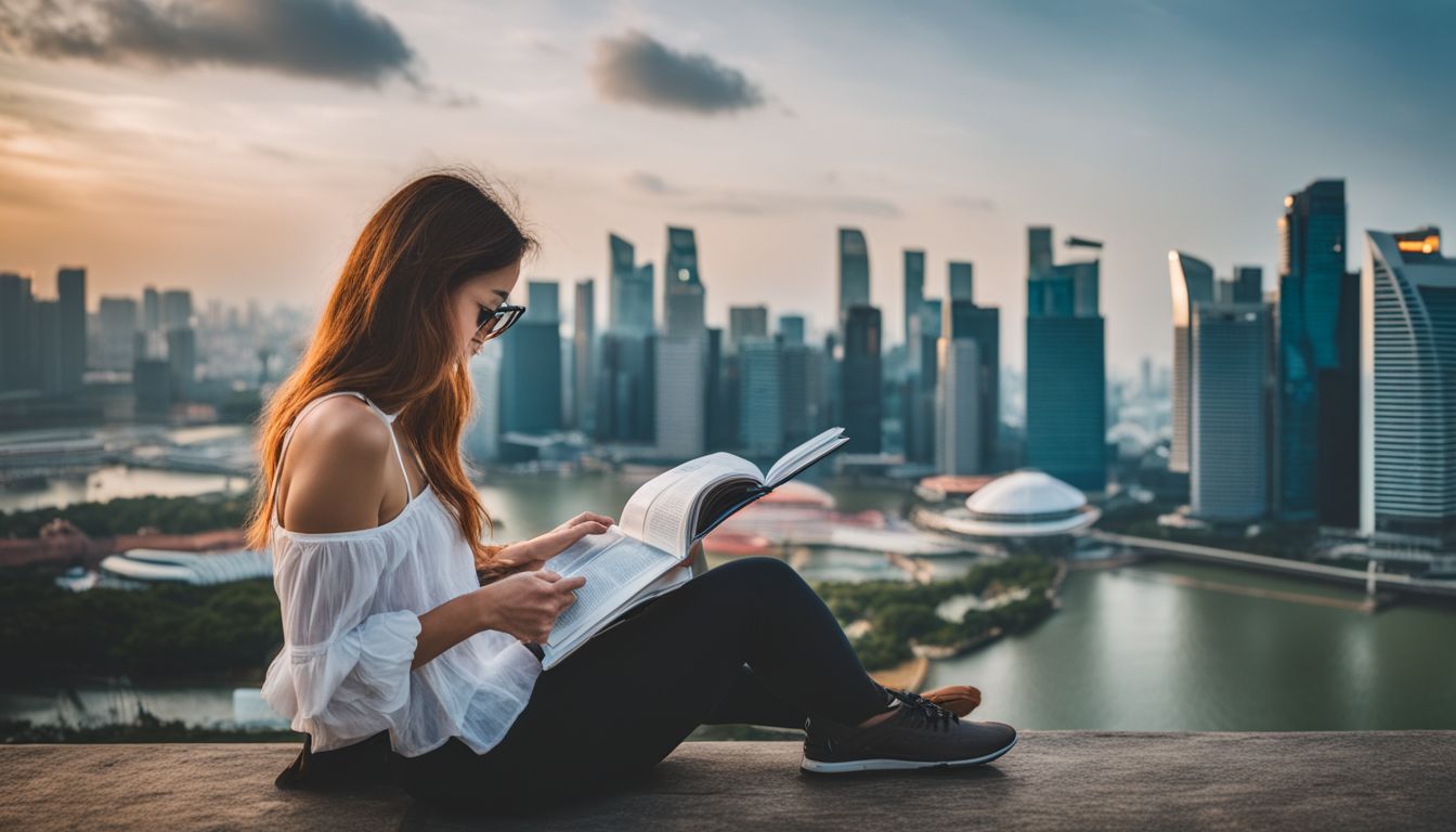 A traveler reads a guidebook with a skyline view of Singapore in a bustling atmosphere.