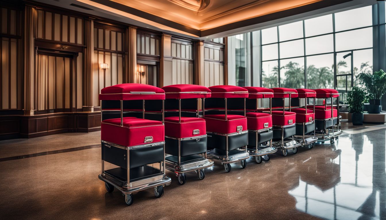 A row of bellhop carts neatly arranged in a hotel lobby, capturing a bustling atmosphere and attention to detail.
