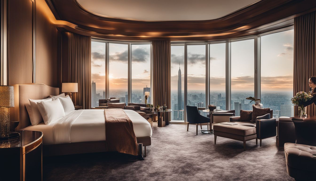 A luxury hotel room with a stunning city view and a diverse group of people.