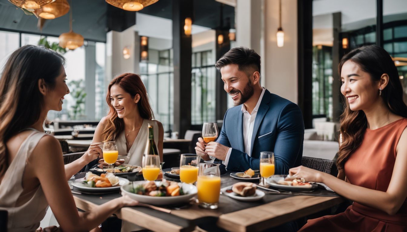 A diverse group of individuals enjoying breakfast at a stylish hotel in the city center of Singapore.
