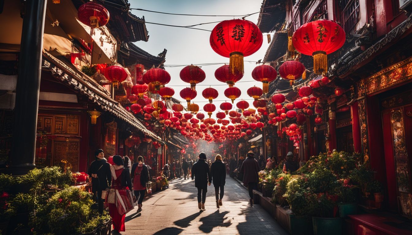 An image of the vibrant streets of Chinatown adorned with festive lanterns and decorations.