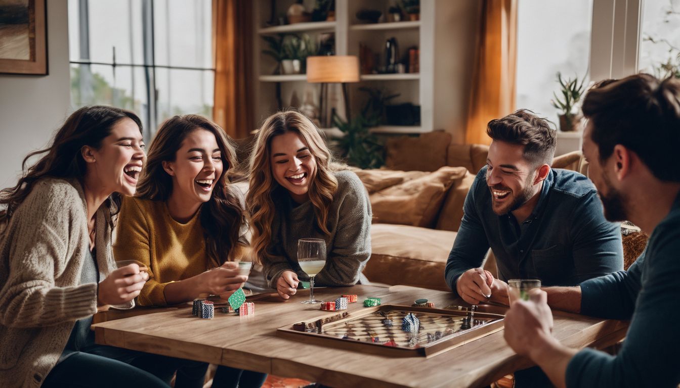 A group of friends enjoying themselves playing board games in a cozy living room.