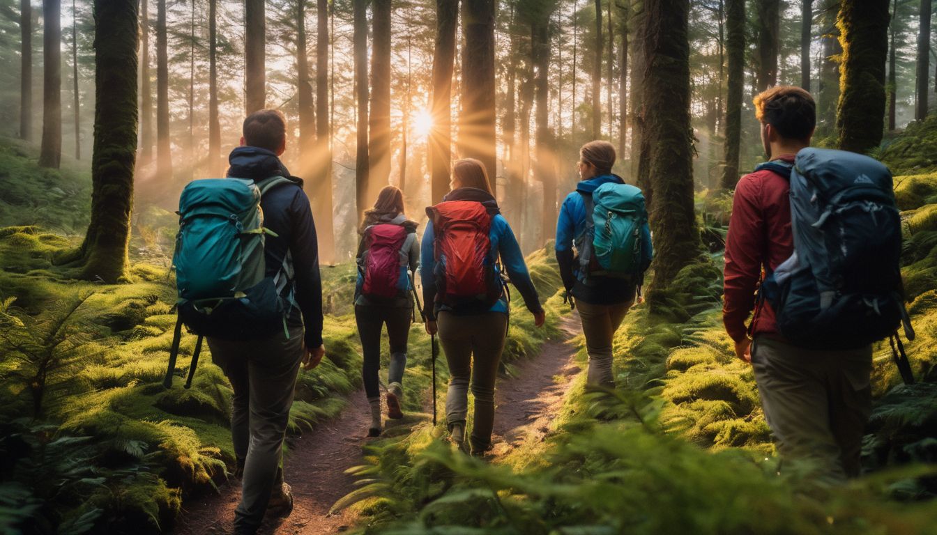 A group of friends enjoying a sunrise hike in a lush forest captured in a vibrant and clear photograph.