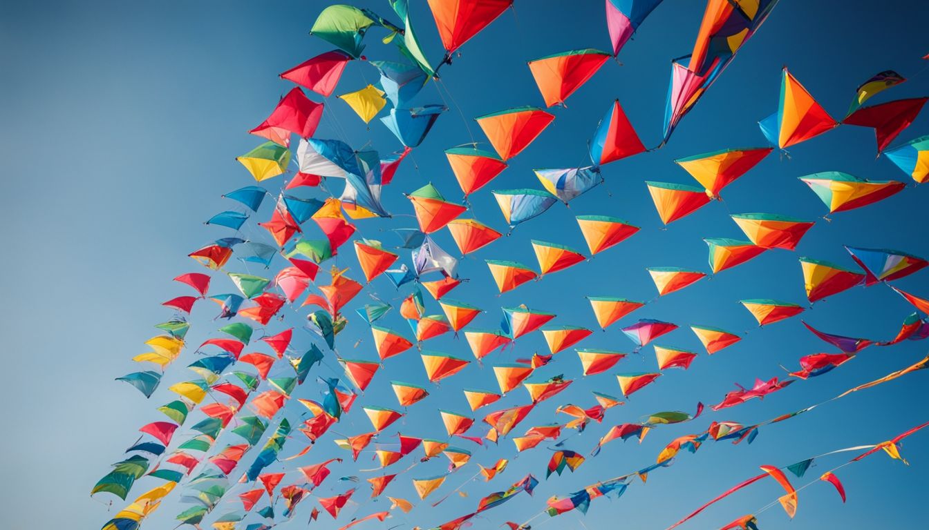 An array of colorful kites soaring high against a clear blue sky, creating a vibrant and lively atmosphere.