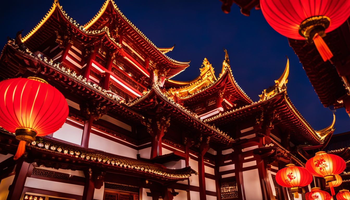 A stunning photo of the Buddha Tooth Relic Temple at dusk, filled with colorful lanterns and a bustling atmosphere.