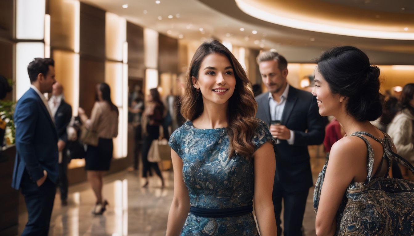 A diverse group of hotel guests in a well-lit lobby, captured in crystal clear detail.