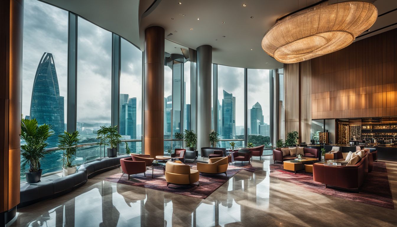 A modern hotel lobby in downtown Singapore with a stylish interior and a view of the city skyline.