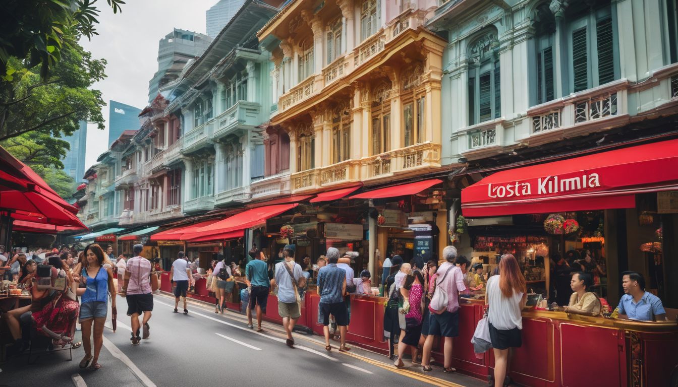 A diverse group of tourists exploring the vibrant streets of Singapore, captured in a high-quality photograph.