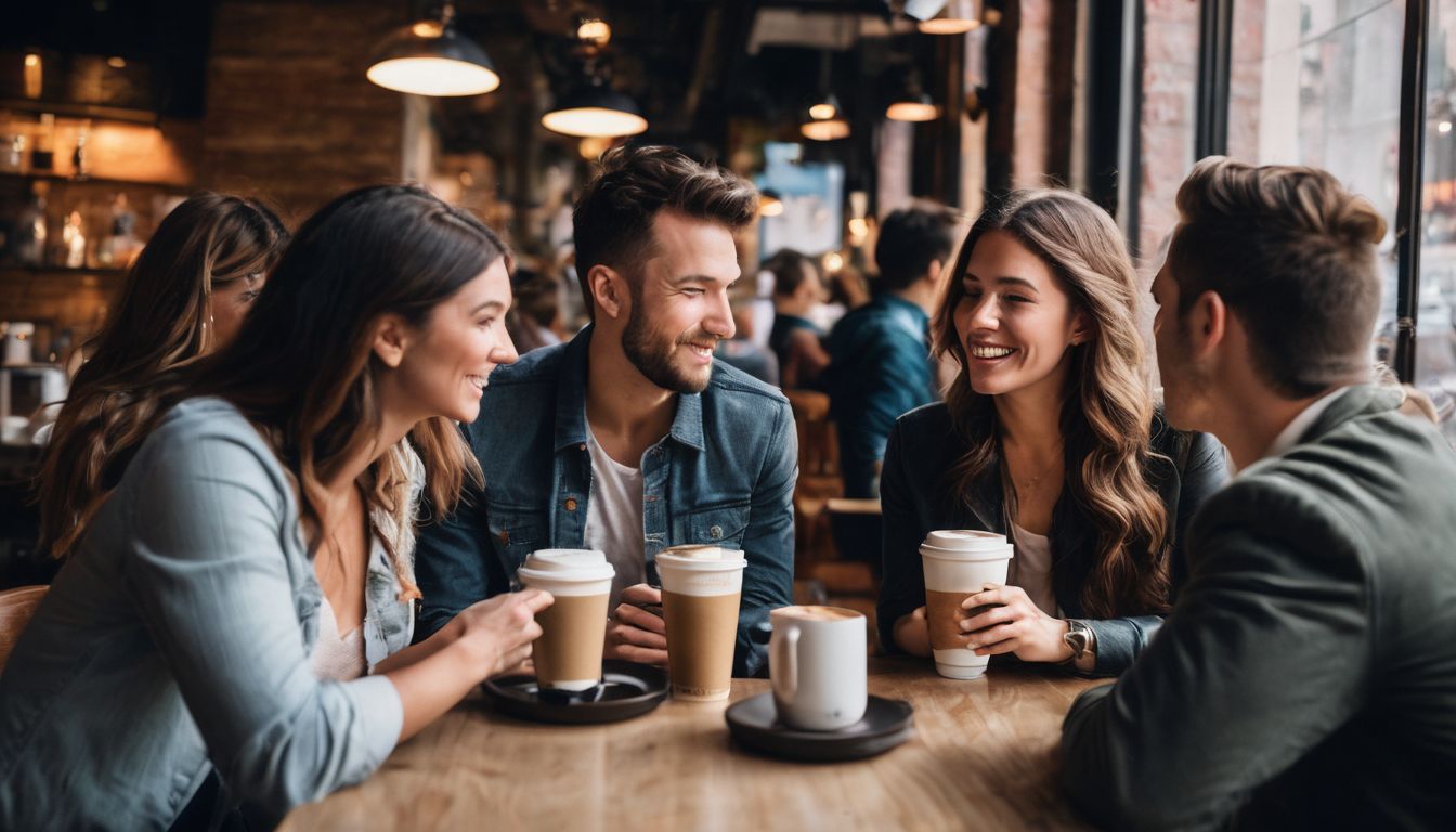 A diverse group of friends enjoy coffee together in a bustling café.