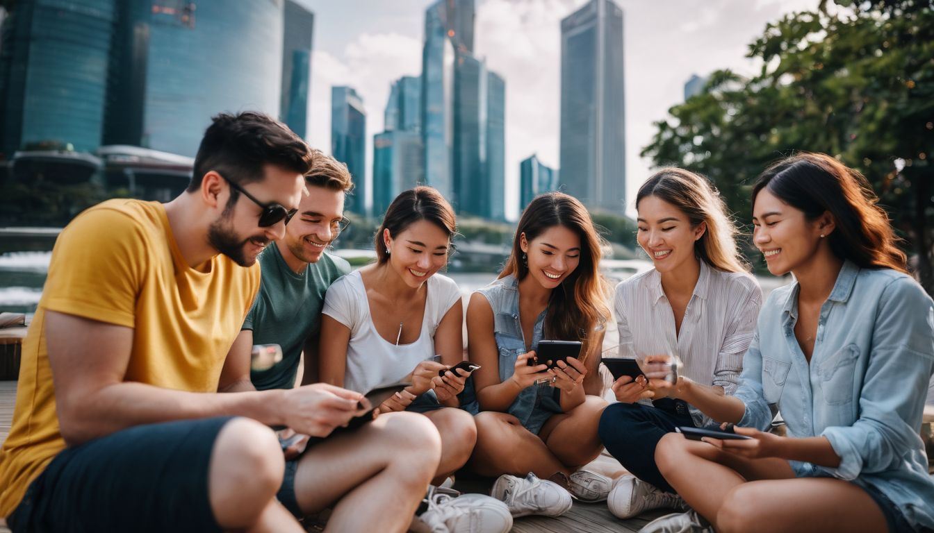A diverse group of friends sit together in Singapore using their devices, capturing the bustling cityscape with their cameras.