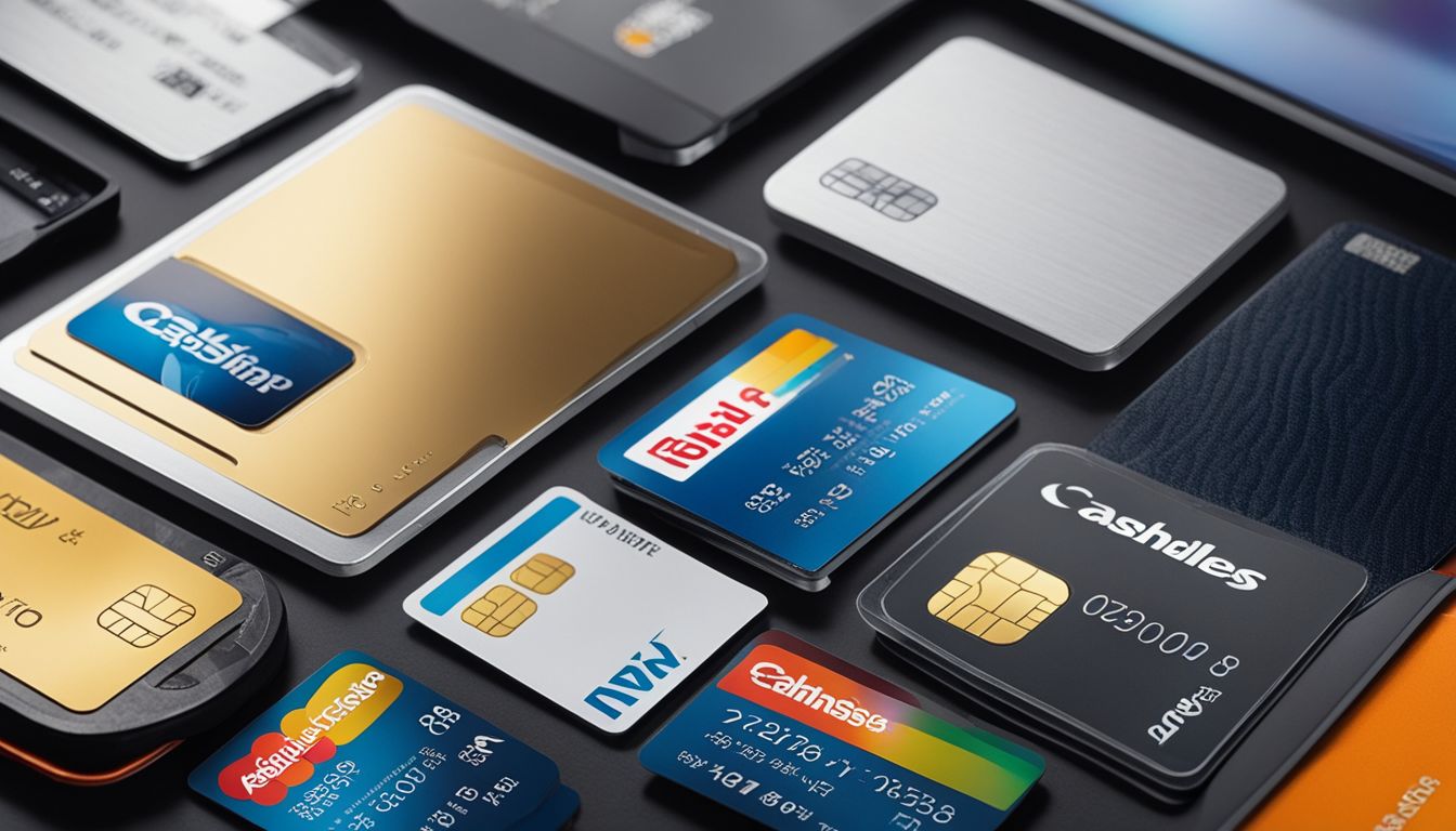A photo showcasing a variety of cashless payment cards and devices on a sleek tabletop.
