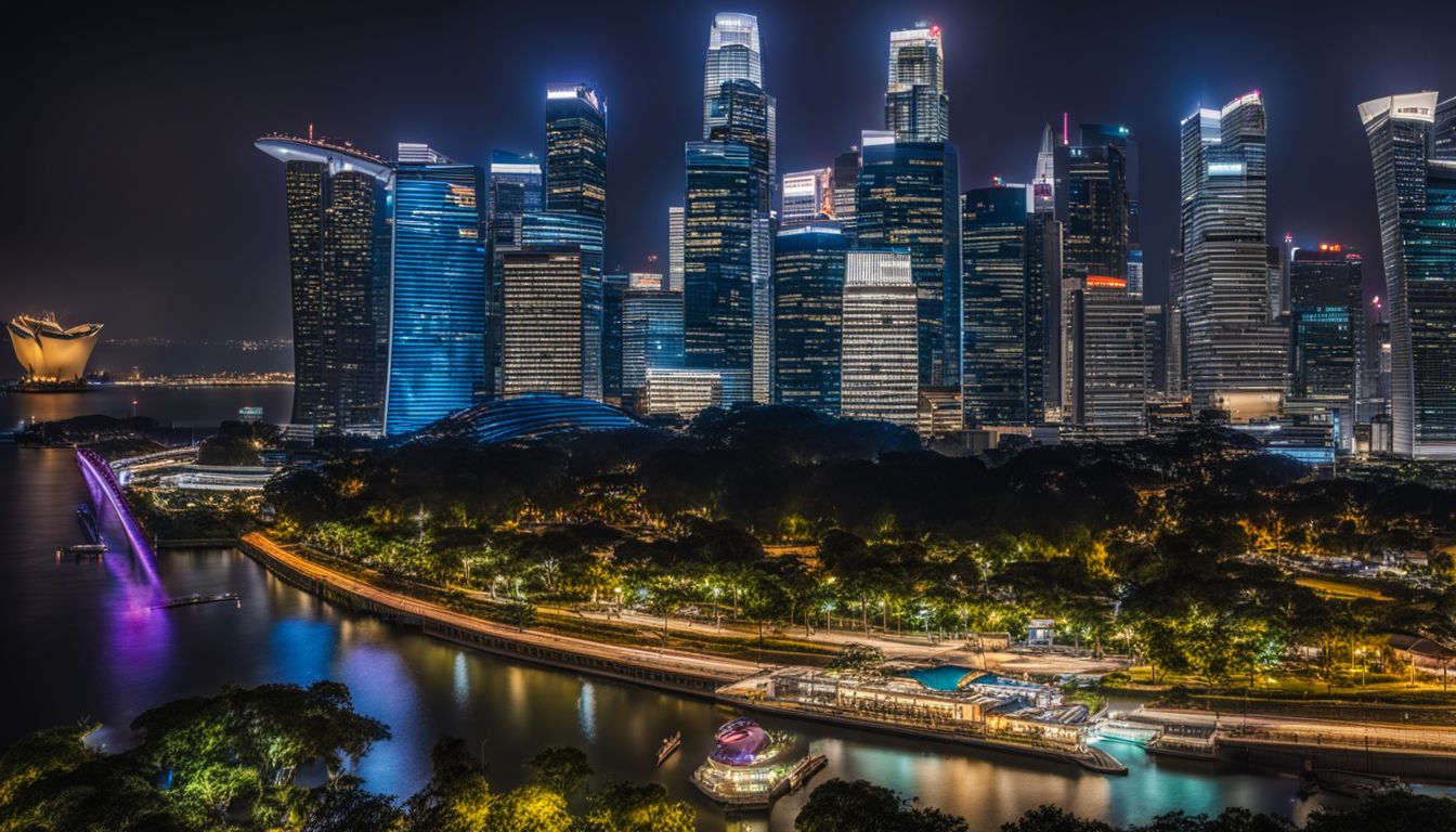 A captivating city skyline photo of Singapore at night with a diverse group of people in various outfits.
