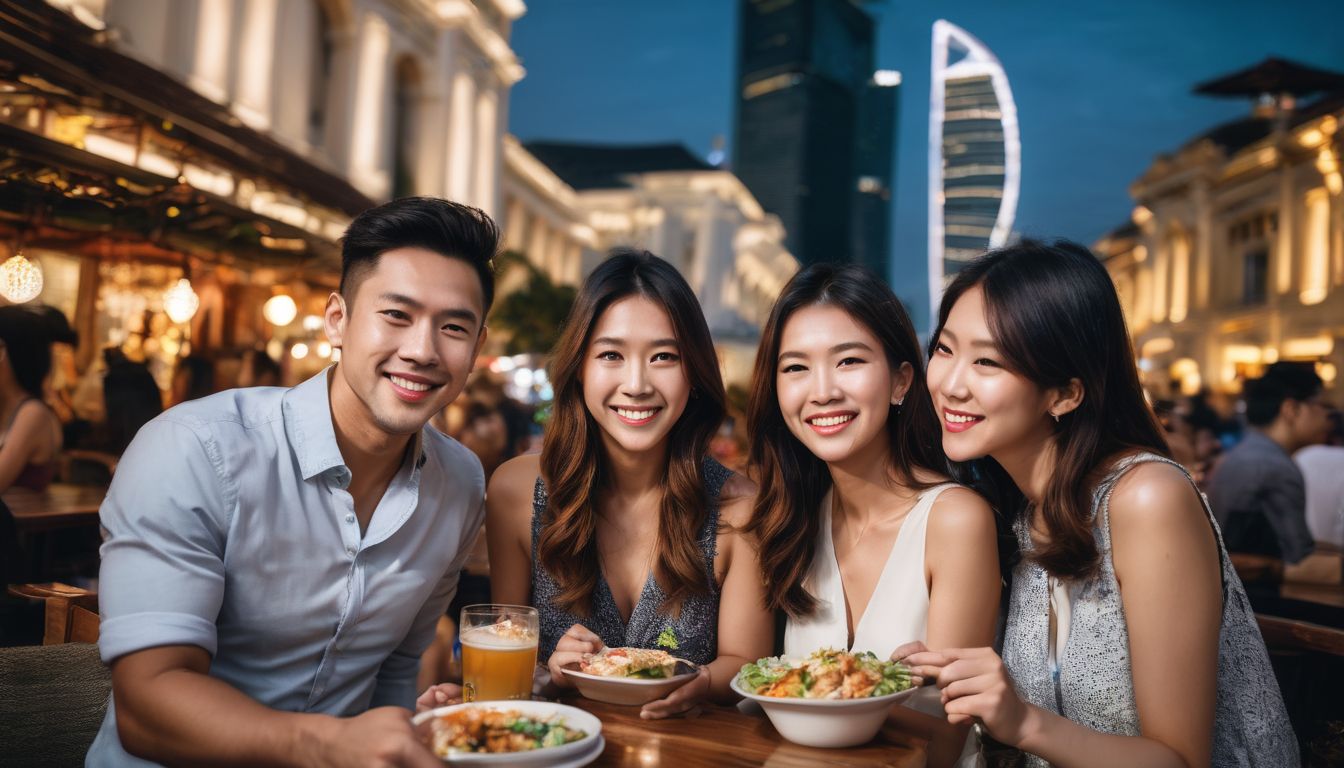 A diverse group of friends explore Singapore's cultural landmarks, enjoy local cuisine, and capture stunning photographs.