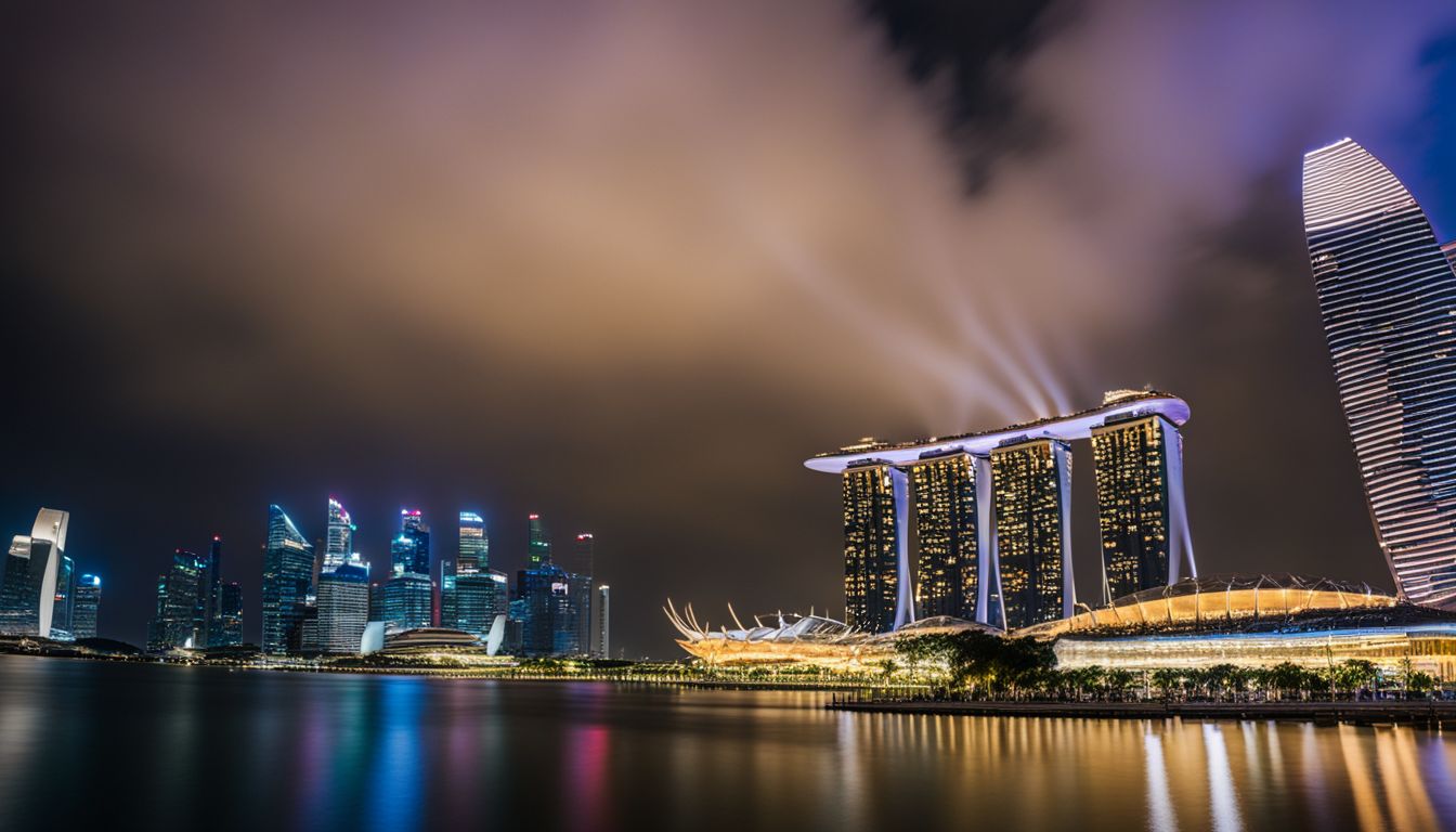 The photo captures the illuminated skyline of Singapore at night, showcasing the city's iconic buildings and bustling atmosphere.