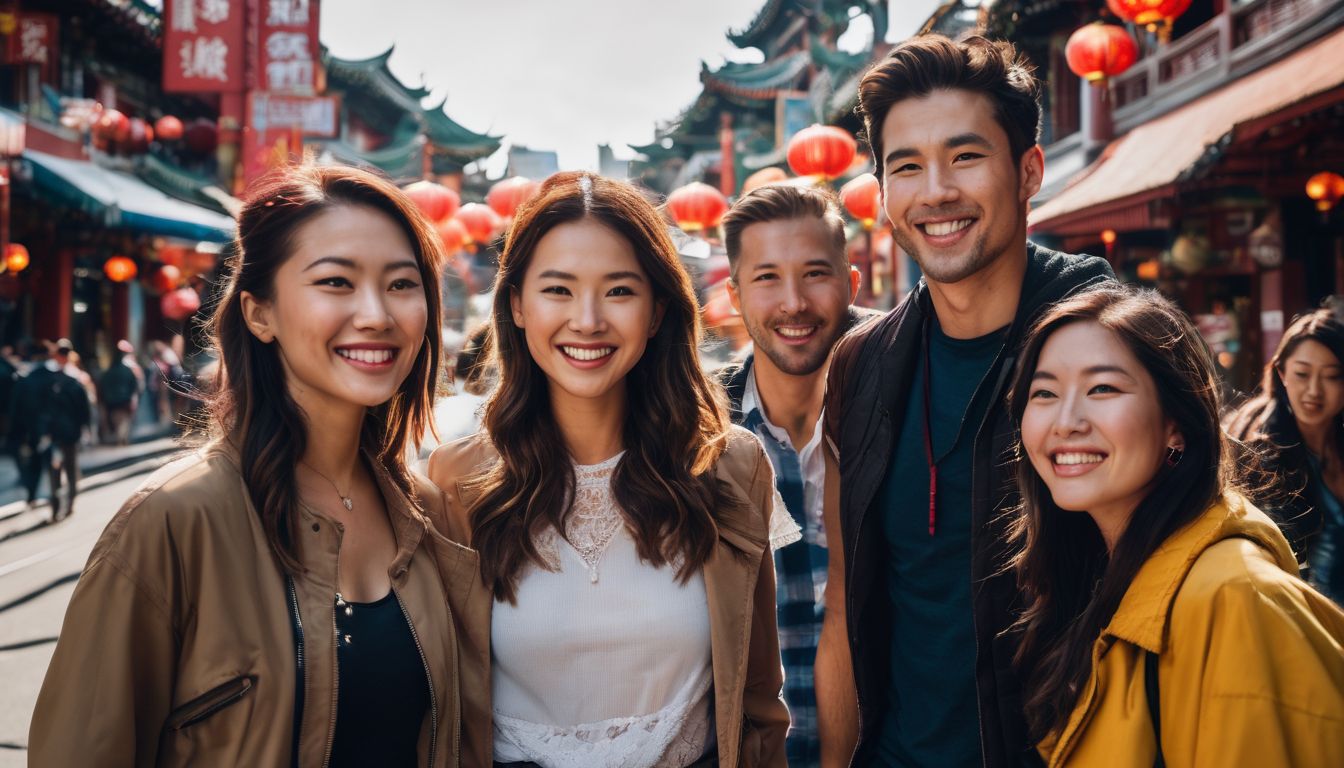 A group of friends happily exploring the lively streets of Chinatown.