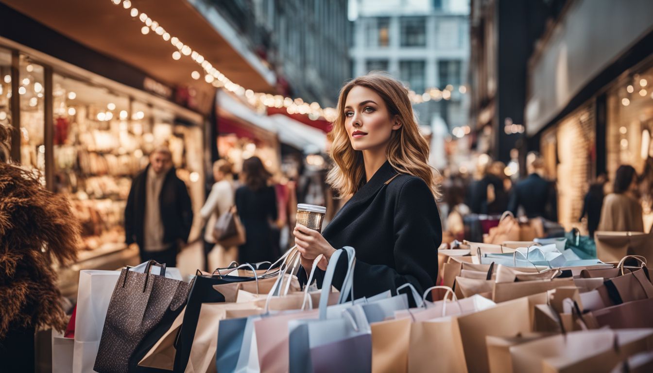A woman is seen shopping with multiple bags in a city filled with designer stores and a bustling atmosphere.