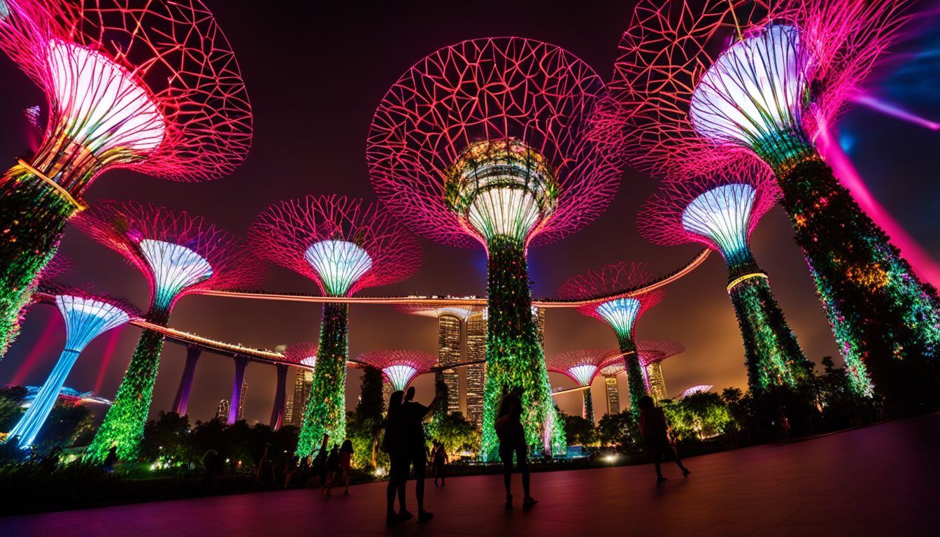 Silhouettes of people enjoying a colorful light show at Gardens by the Bay in a bustling atmosphere.