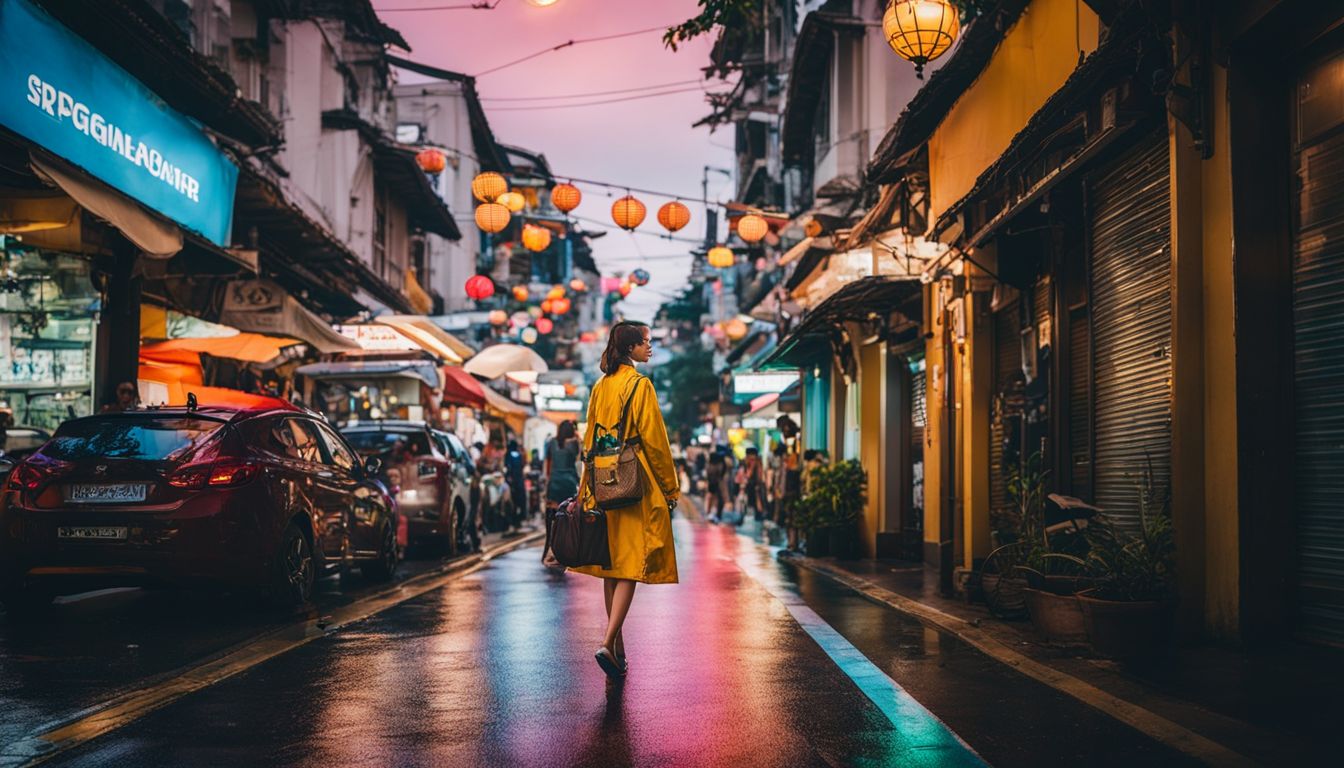A woman in a colorful raincoat walks through the vibrant streets of Singapore in a bustling atmosphere.
