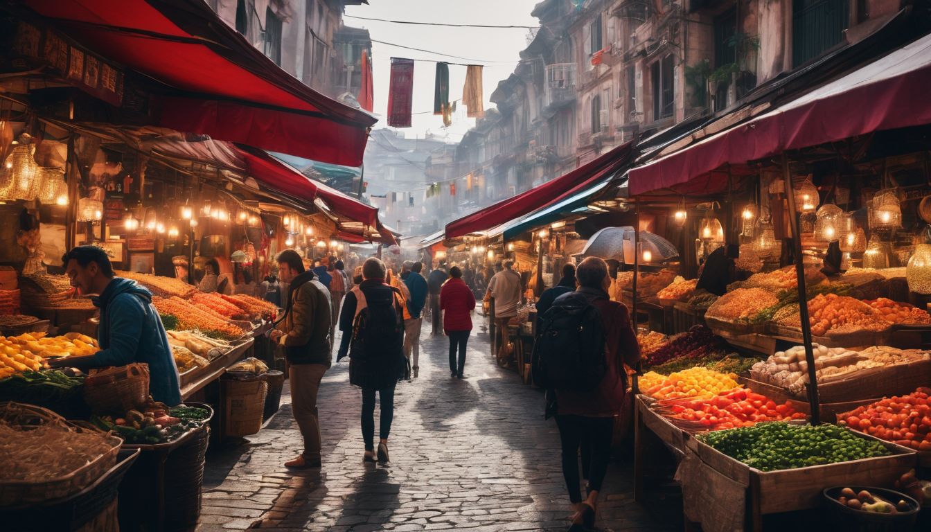A diverse group of travelers exploring a bustling street market with vibrant colors and lively atmosphere.