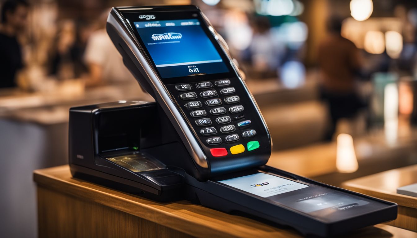 A diverse range of payment cards are displayed on a contactless payment terminal in a bustling atmosphere.