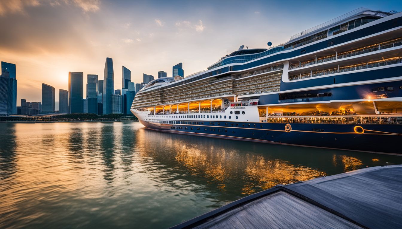 A cruise ship docked at Marina Bay Cruise Centre with the Singapore skyline in the background.