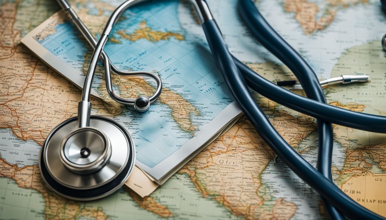 A photo showcasing travel essentials including a passport and a stethoscope on a world map.