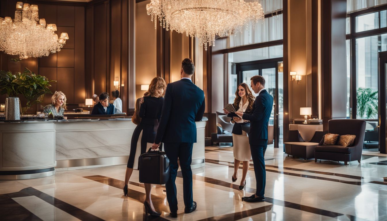A luxurious hotel lobby with a concierge assisting guests during check-in.
