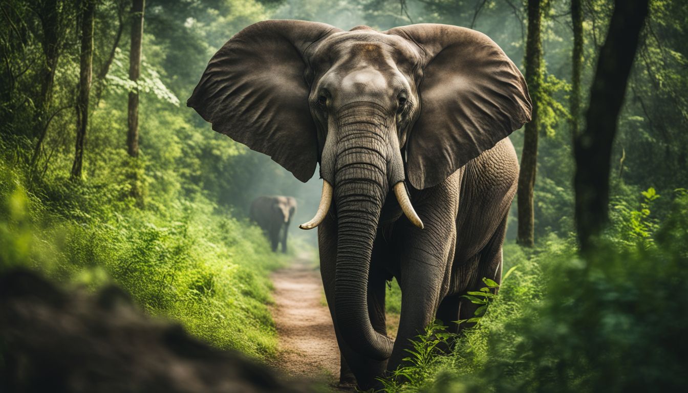 A photo of a majestic elephant wandering freely in a lush green forest, captured in stunning detail and clarity.